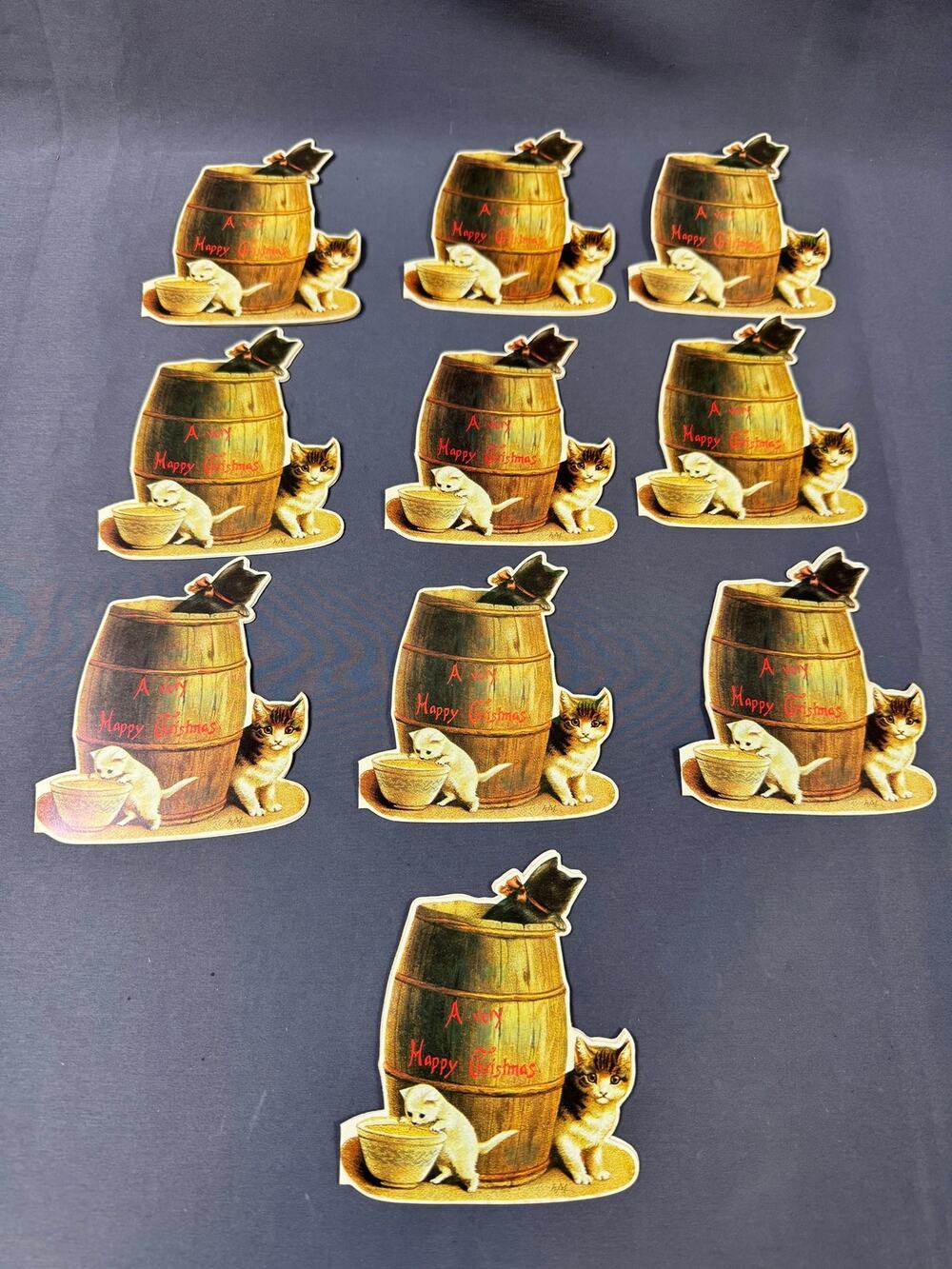Qty 10 - Vintage 1982 Merrimack Gift Tags Cats In Barrel Made In Hong Kong